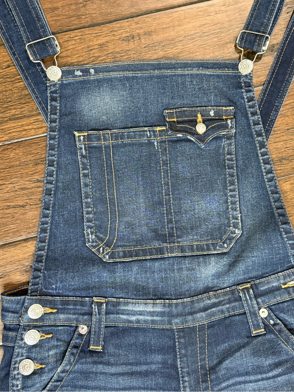 True Religion Skinny Leg Medium Wash Denim Overalls Jumpsuit Size Large - Picture 12 of 16